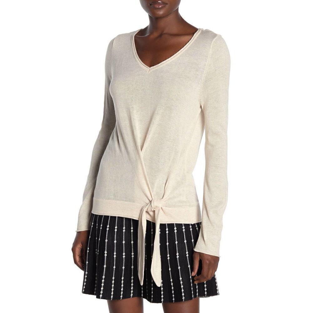 Max Studio Tie Front Sweater Oatmeal Color XS - Picture 2 of 2